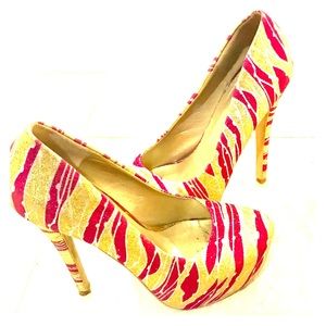 Gold/Pink Glitter Platform 4 inch Heels 6.5 Women
